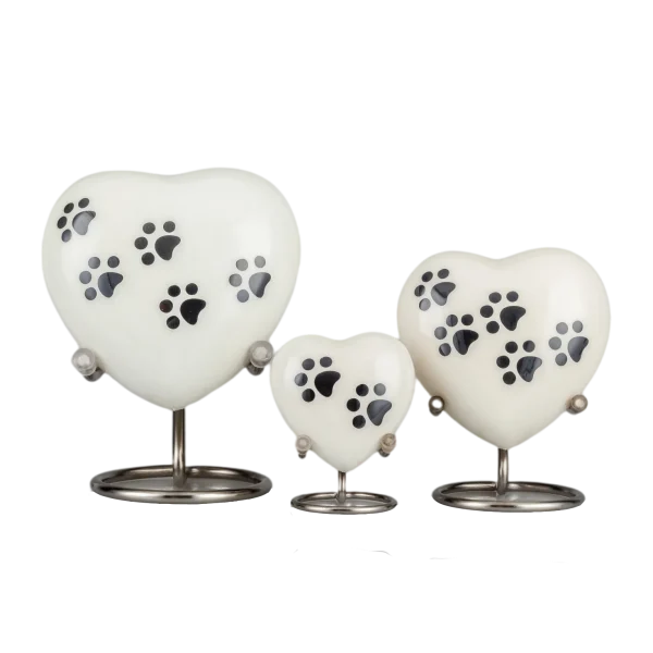 White Heart-Shaped Urns for Ashes with Paw Print – Handcrafted Solid Brass Pet Memorial