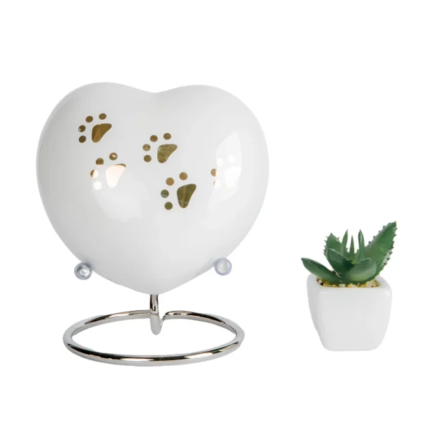 PawPrint and Heart Ceramic Urn – White Pet Cremation Urn for Ashes - 图片 3